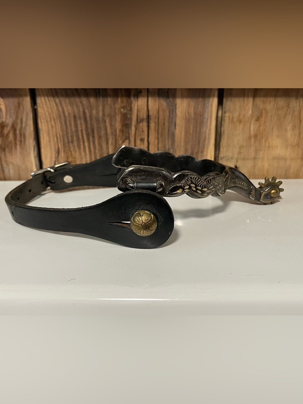 Western Floral Brass Accent Spur with Blacky Leather Straps